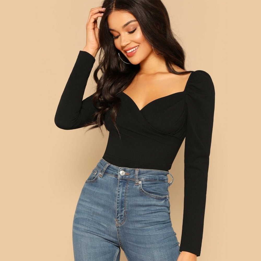 Black Long Sleeve Wrap Top | Size S